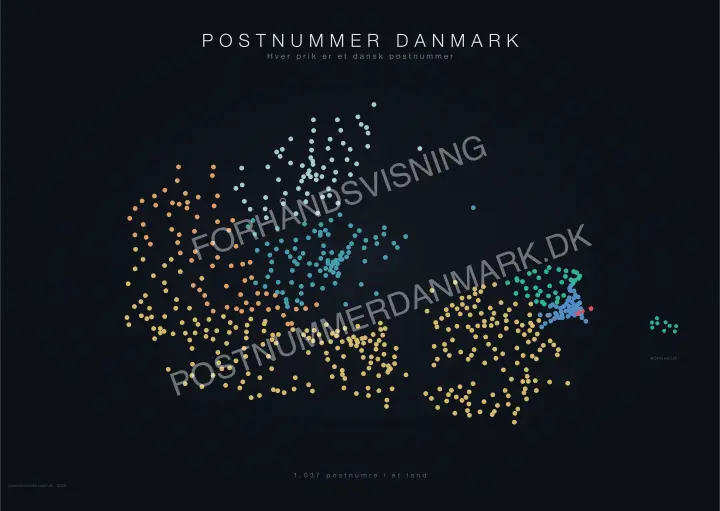Postnummer Danmark — Night Edition - postnummer plakat